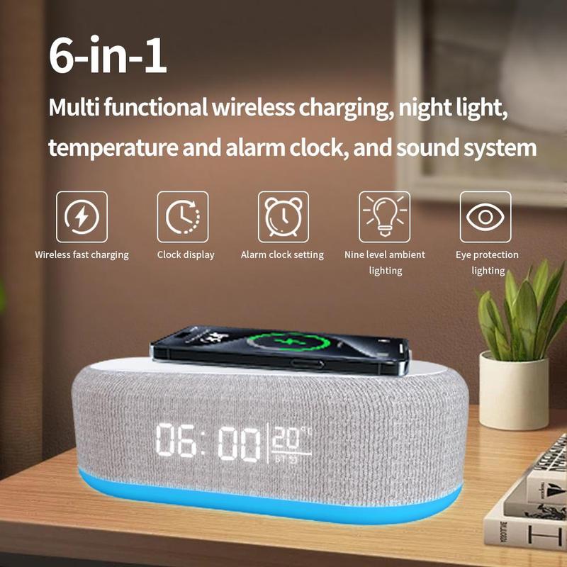Multifunctional 6-in-1 Desktop Speaker, Creative Night Light with Alarm Clock, Wireless Charger Speaker, Bluetooth-compatible Speaker for Home Office - 2